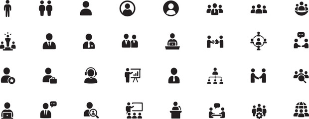 Obraz premium Isolated Business people icon set, professional human resource silhouettes, corporate team and leadership vector symbols for management presentations ,Clean grouped each Icon