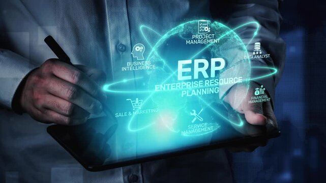 ERP platform visual showing centralized system for enterprise resource planning, improving integration, data flow, business efficiency, finance, inventory, and human resources. Muxer