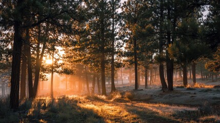 Fototapeta premium Sunrise through majestic pine forest with golden morning light, misty woodland landscape, tall evergreen trees, peaceful nature scenery, serene wilderness, lush green forest trail, fresh outdoor envir
