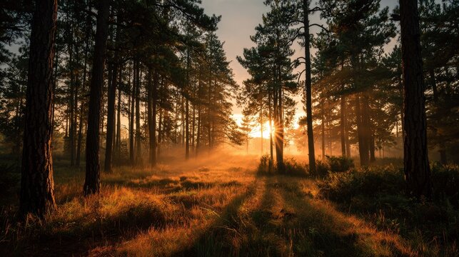 Sunrise through majestic pine forest with golden morning light, misty woodland landscape, tall evergreen trees, peaceful nature scenery, serene wilderness, lush green forest trail, fresh outdoor envir