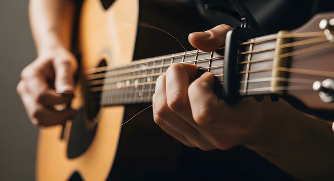 Close-up of a talented musician playing an acoustic guitar with a black capo on the fretboard, hands strumming strings and holding chords, professional music performance and artistic hobby concept.