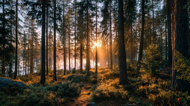 Sunrise through majestic pine forest with golden morning light, misty woodland landscape, tall evergreen trees, peaceful nature scenery, serene wilderness, lush green forest trail, fresh outdoor envir