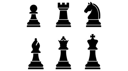 Set of black chess piece icons including king queen bishop knight rook and pawn © Vectscape