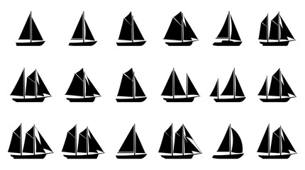 Set of black silhouette icons of different types of sailing ships and sailboats isolated on a plain background © Vectscape