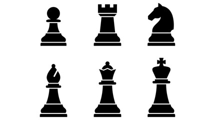 Set of black chess piece icons including king queen bishop knight rook and pawn © Vectscape