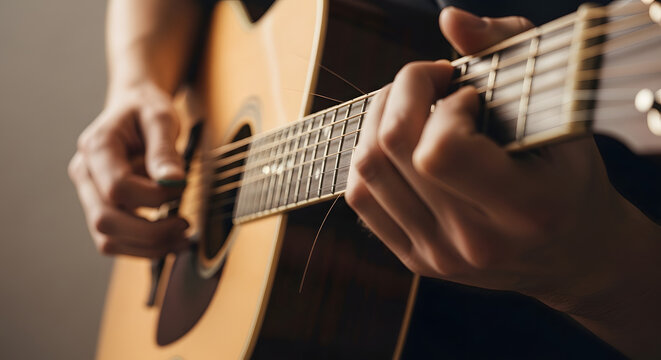 Close-up of a musician's hands skillfully playing an acoustic guitar, strumming strings and holding chords on the fretboard. Artistic shot for music education, live performance, and songwriting