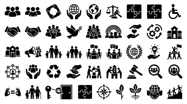 Set of black social responsibility and business ethics icons for corporate websites and professional design projects