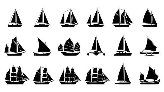 Set of black silhouette icons of different types of sailing ships and vintage boats