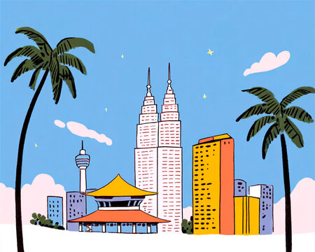 Kuala Lumpur skyline illustration hand drawn vector art Petronas Twin Towers KL Tower mosque palm trees city landmark minimal design travel poster concept cute graphic element
