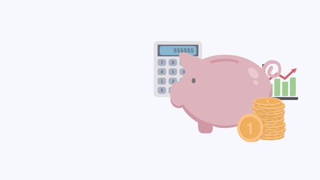 Animated piggy bank with coins and calculator showing financial savings growth.
