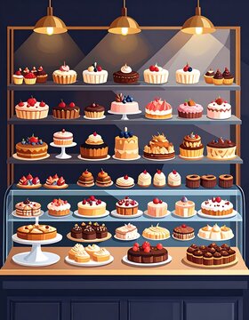 A delightful display of assorted cakes and pastries on shelves and in a display case.