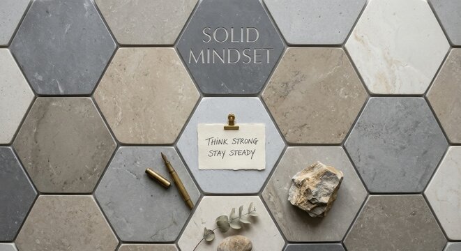 Solid Mindset Concept: Hexagonal Stone Tiles with Motivational Quote