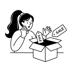 Naklejka premium Woman opening a package containing a surprise discount offer and products.