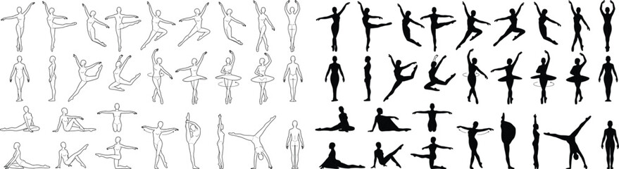 Ballet dancer pose silhouette and outline collection with graceful dance movement reference set © Rezoara
