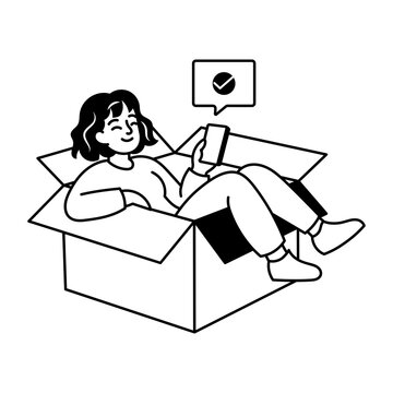 Woman relaxing inside an open package after successfully receiving an order.