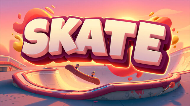 Skate title text cartoon style mobile game cover design skatepark bowl background skateboard flying air sunset orange warm light extreme sports UI logo vector concept