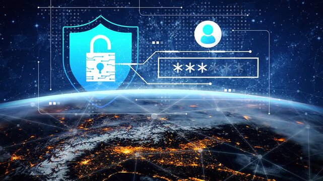 Digital security concept with padlock, password, and user account on a globe background representing internet protection and cybersecurity technology Gluon.