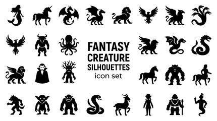 Obraz premium Set of black silhouette icons of fantasy creatures and mythical monsters for design projects