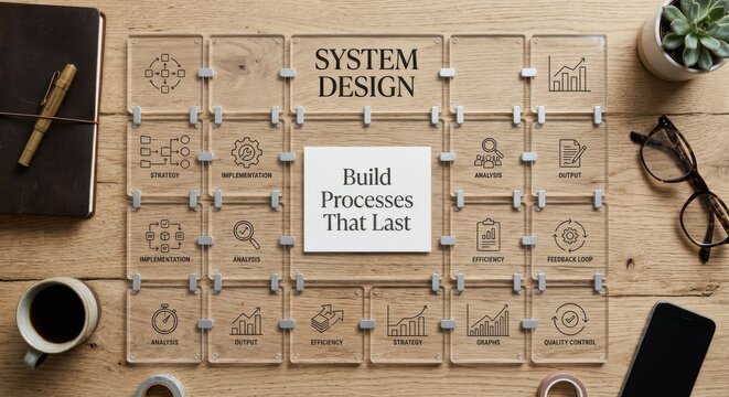 System Design Framework with 'Build Processes That Last' Text and Icons on Wood
