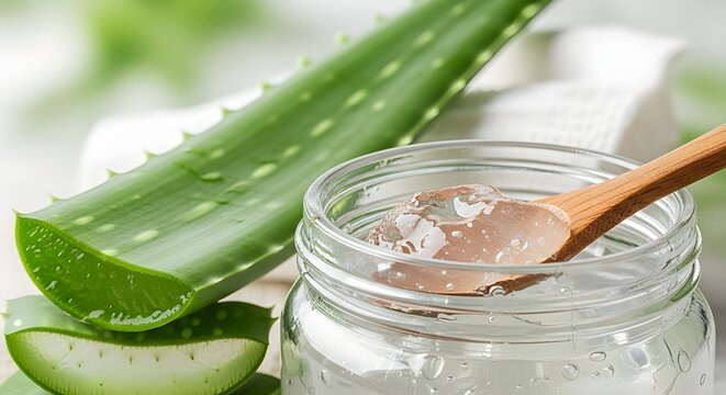 Aloe vera leaf and gel in a glass jar with a wooden spoon on a light background