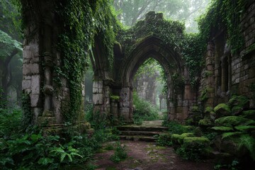Fototapeta premium Gothic stone ruins overgrown with moss and vines in a misty forest landscape with ethereal lighting for travel and fantasy game marketing