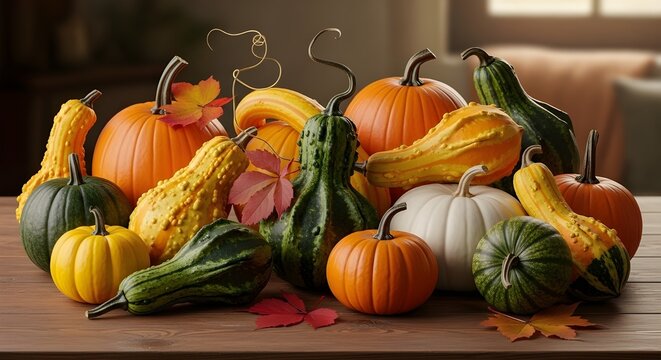 Assortment of colorful pumpkins and gourds on a wooden table, festive autumn harvest decoration for thanksgiving and halloween, seasonal fall produce display with leaves