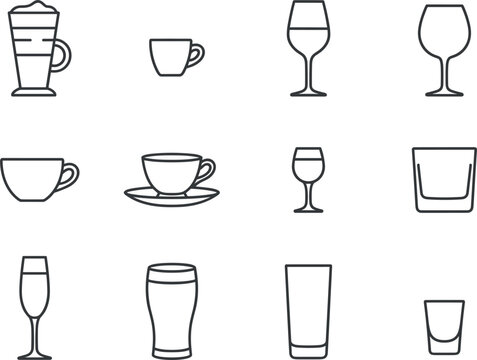 Vector set of drinkware black line icons featuring coffee cups teacup wine glasses champagne flute beer pint and shot glass