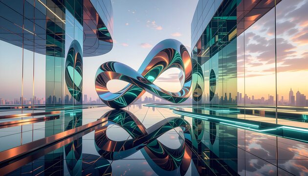 Futuristic infinity sculpture reflecting modern skyline at sunset