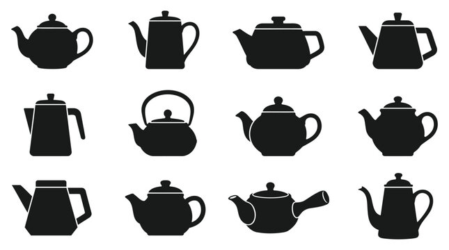 Set of black teapot icons representing various kitchenware designs for brewing tea and coffee in a flat minimalist vector graphic style