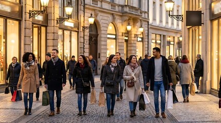 Obraz premium Pedestrians walking through busy urban shopping street district
