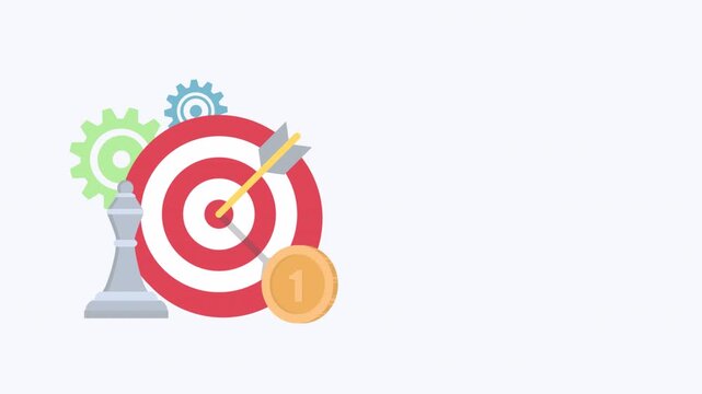 Business strategy concept with target arrow gears and coin icon animation.