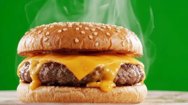 Cooked beef burger with melting cheese and hot steam rising on a green screen background for compositing