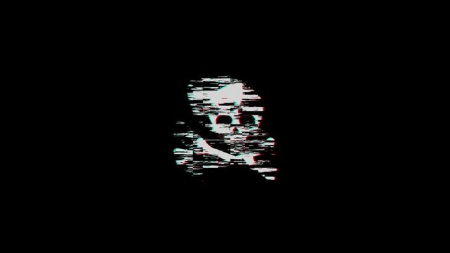 Skull and crossbones warning animation, glitch style with digital distortion effects, glitch skull, 4K video.