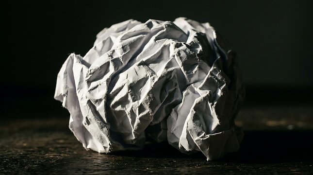 Crumpled white paper ball on dark background.