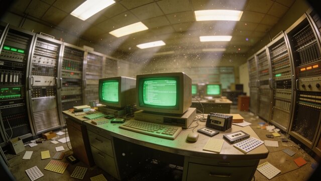 Retro vintage server room with old computers and fisheye perspective view