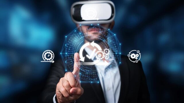 A businessman engages with a virtual reality interface, showcasing technology symbols that represent innovation and development in a future-driven workspace. Raster