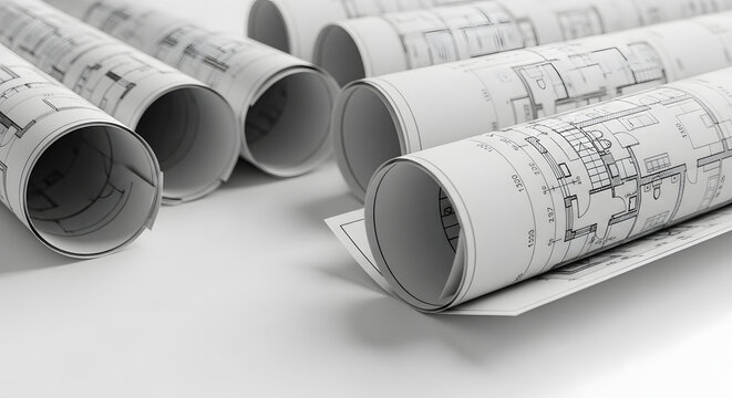 Architectural blueprints rolled up and stacked on a white background, representing construction plans, engineering design, and project development with detailed drawings and technical schematics for