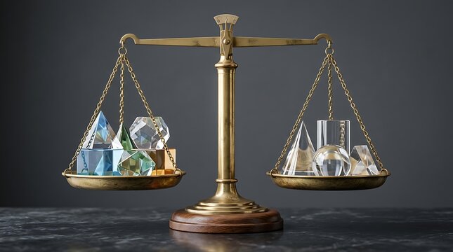 Balanced scale with technology and business items.