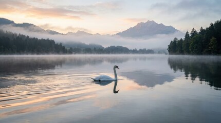 Naklejka premium A swan on a misty Swiss lake at dawn, the swan graceful, the water glass-like. The mountains are faint in the background, the mist is low. The scene is serene, beautiful, Swiss lake.