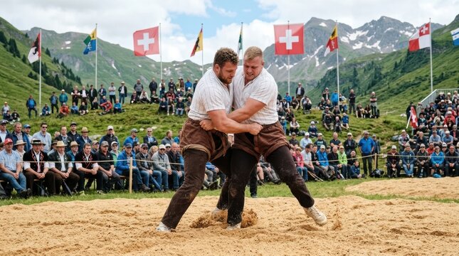 A traditional Swiss Alpine wrestling (Schwingen) match in a sawdust ring, two strong wrestlers gripping each other's shorts (Schwingerhosen), their bodies tensed.