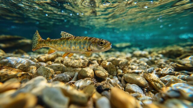 Brook trout swimming over rocky riverbed in clear freshwater stream