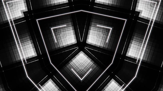 Dynamic Abstract Symmetrical Pattern with Glowing Lines Creating a Futuristic Digital Background in Black and White