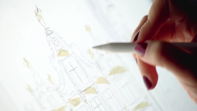 Female artist hand drawing architectural illustration on digital tablet with stylus at night office.