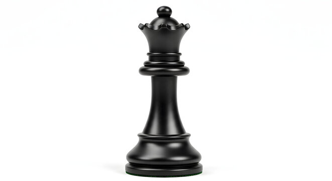 Single black queen chess piece standing on a white background, symbolizing strategy, intelligence, power, and victory in board games and strategic thinking, perfect for concepts of leadership and