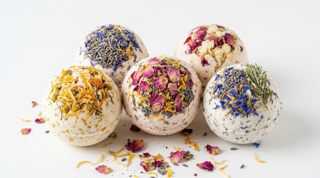 A collection of colorful handmade bath bombs decorated with dried flower petals isolated on a white background