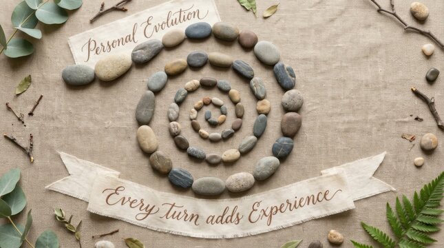 Polished River Stones Form a Smooth Spiral on a Natural Surface, Representing Growth and Experience