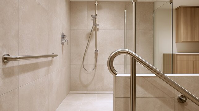 Modern Accessible Bathroom with Grab Bars and Walk-in Shower.