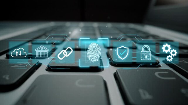 Digital Security Concept with Fingerprint Authentication on Laptop Keyboard Displaying Cloud, Shield, Lock, and Gear Icons Representing Data Protection and Privacy Measures. Entropy.