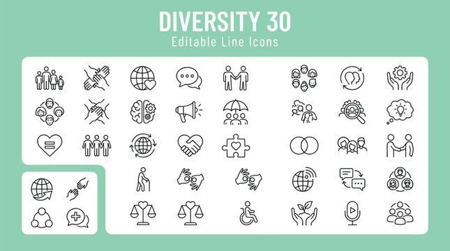 Diversity and inclusion line icons set for human rights community equality tolerance unity partnership corporate social responsibility and collaboration vector illustration