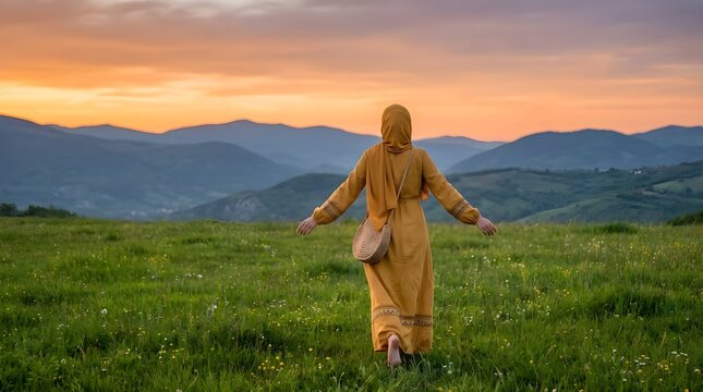 Back View of a Muslim Woman in a Mustard Dress and Hijab Walking Barefoot Through a Green Meadow Towards Mountains at Sunset
